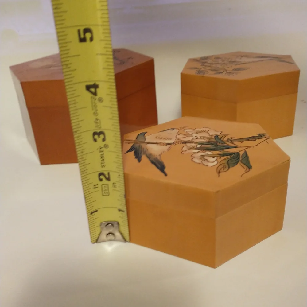 Vintage Chinese bamboo nesting hexagon boxes birds mid-century Asian Set Of 3